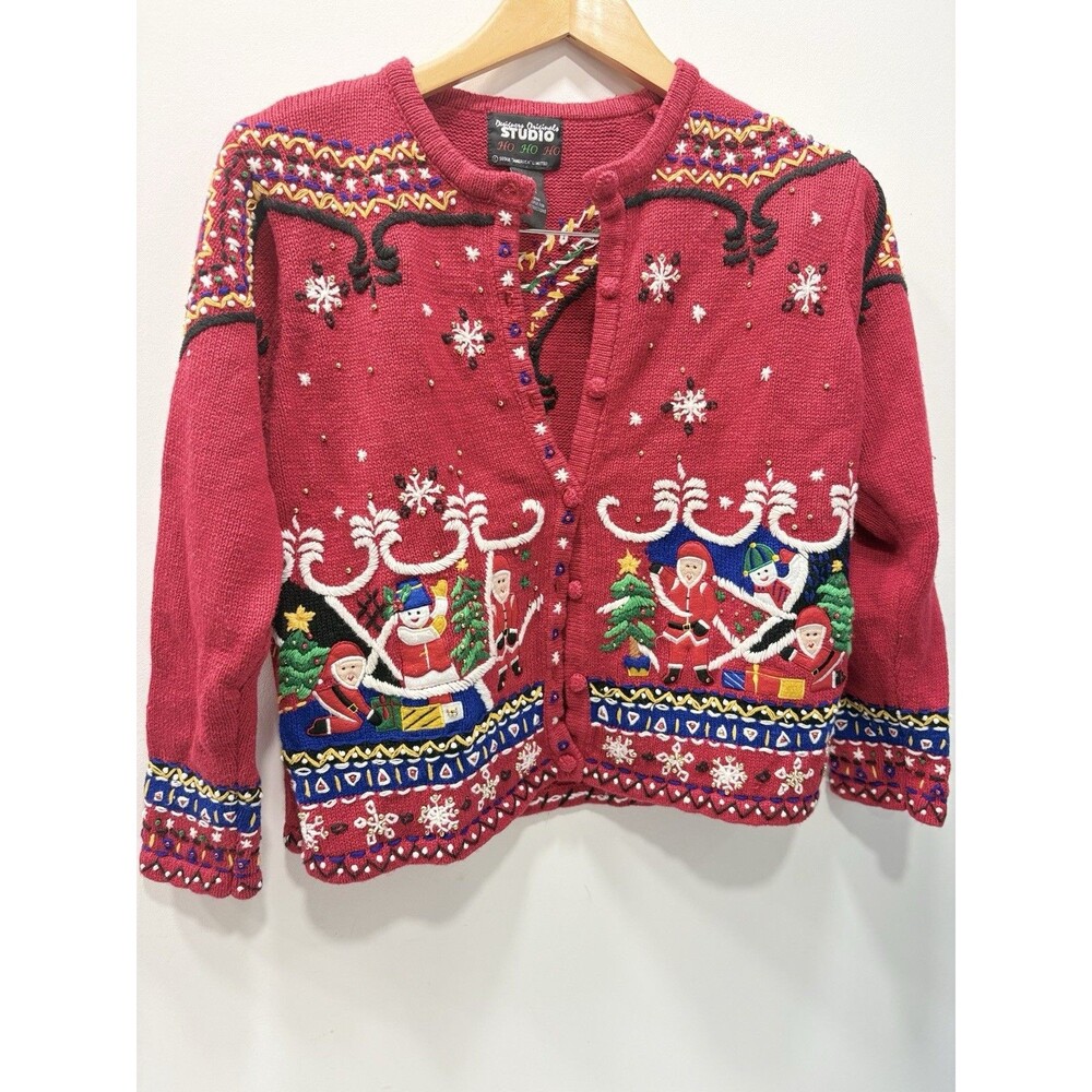 Designers Originals Studio Joy Christmas Nutcracker Bead Cardigan Sweater PM Red